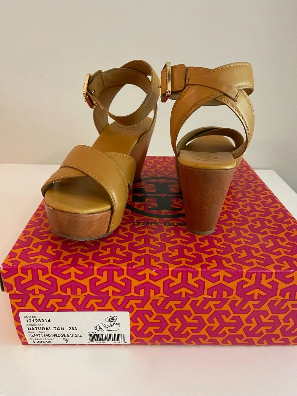 Tory Burch Tan Leather Platform Ankle-Strap Wedges